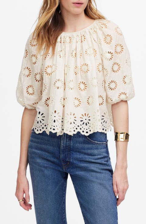 Embroidered Shirred Puff Sleeve Top