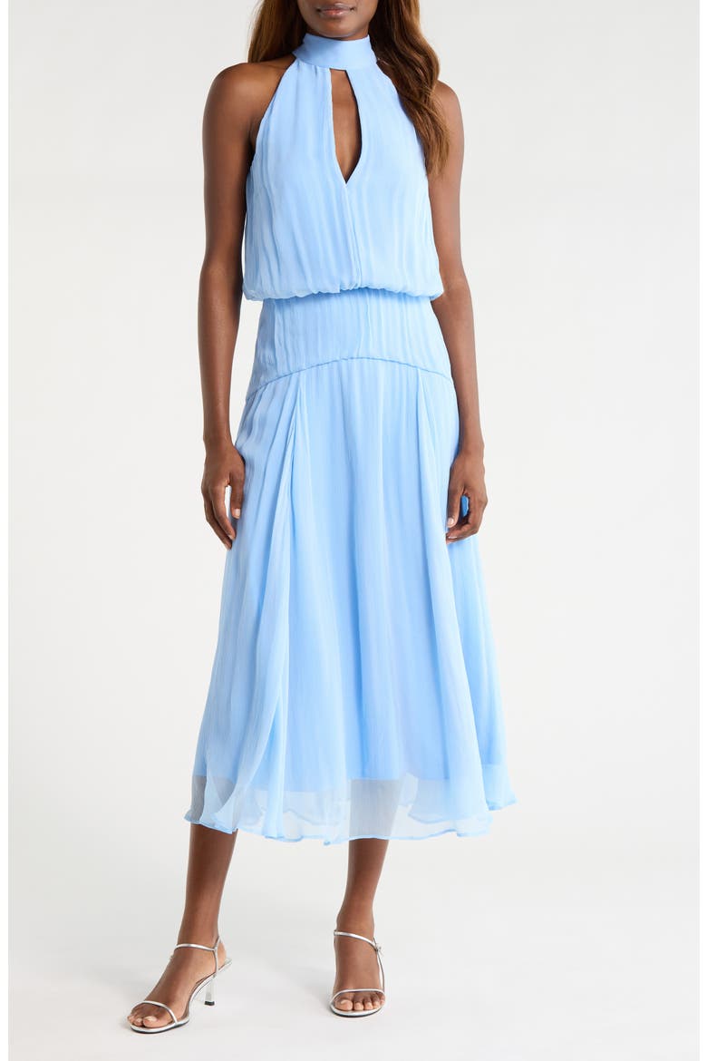 Camryn Keyhole Crinkle Crepe Midi Dress, Main, color, CLEAR BLUE