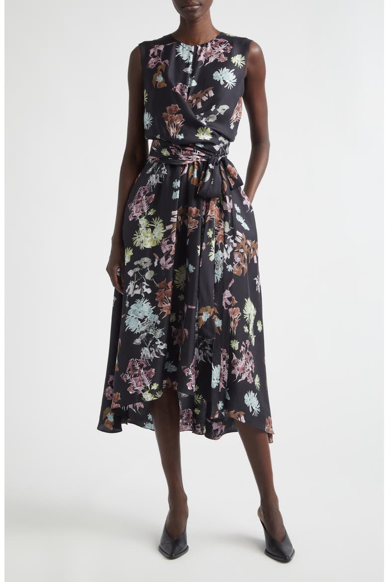 Penny Floral Print Silk Dress, Main, color, BLACK FLOWERS