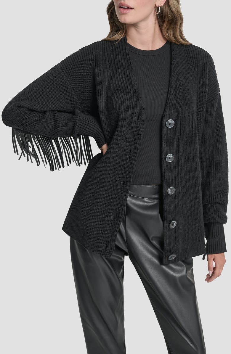 DKNY Faux Leather Fringe Cardigan, Main, color, Black