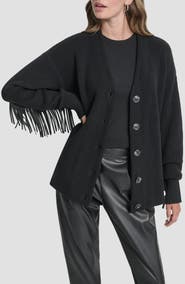 DKNY Faux Leather Fringe Cardigan