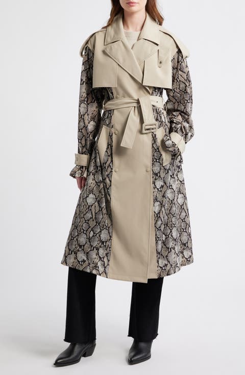 Water Repellent Snakeskin Print Detail Trench Coat