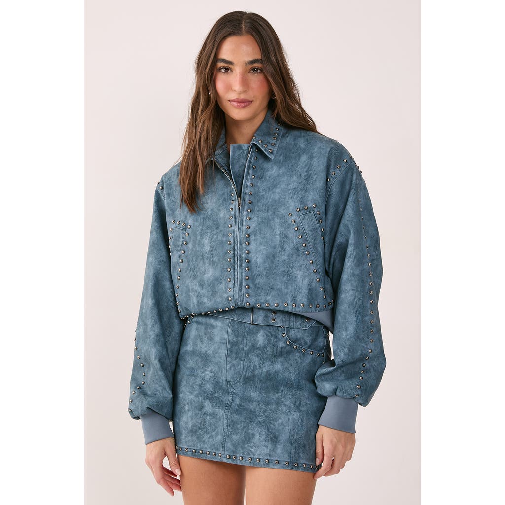 Nasty Gal Leather Studded Bomber Jacket In Blue