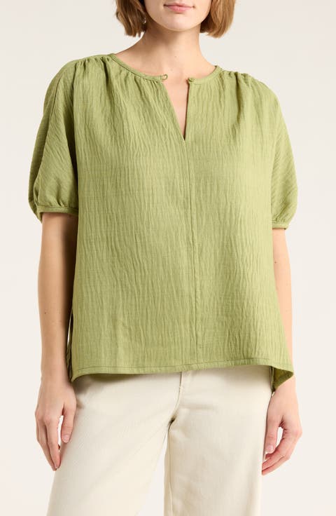 Short Sleeve Split Neck Blouse (Regular & Plus Size)