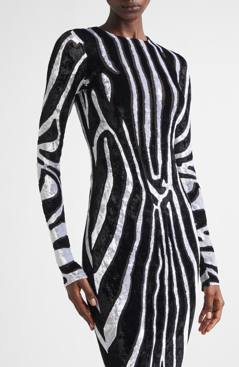 Balmain Zebra Stripe Cutout Long Sleeve Velvet Body-Con Dress, Alternate, color, Black/ White