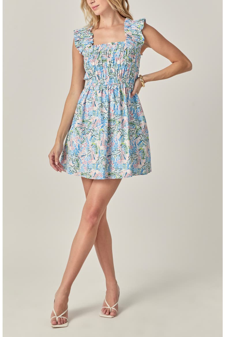 Floral Ruffle Strap Fit & Flare Cotton Minidress, Alternate, color, BLUE MULTI