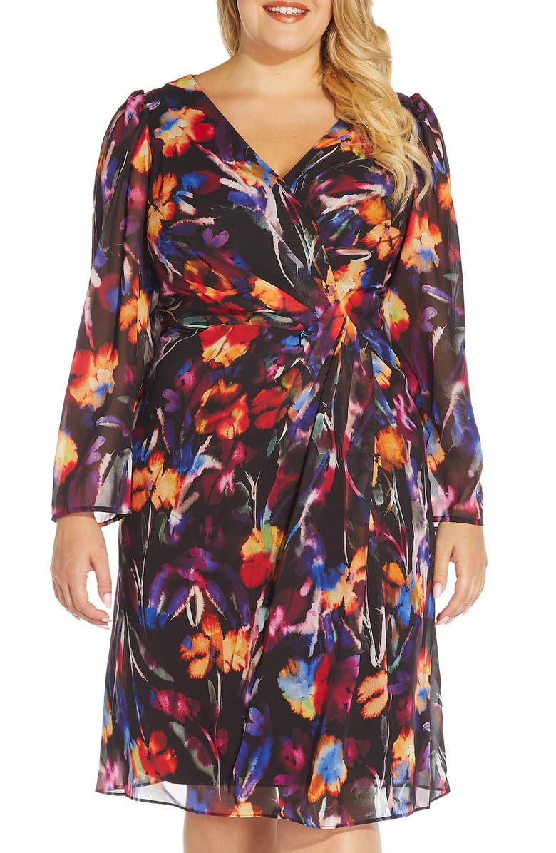 Adrianna Papell Watercolor Floral Long Sleeve Chiffon Cocktail Dress, Alternate, color,