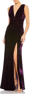 Mac Duggal Velvet Pleated Wrapping Sleeveless Jersey Gown