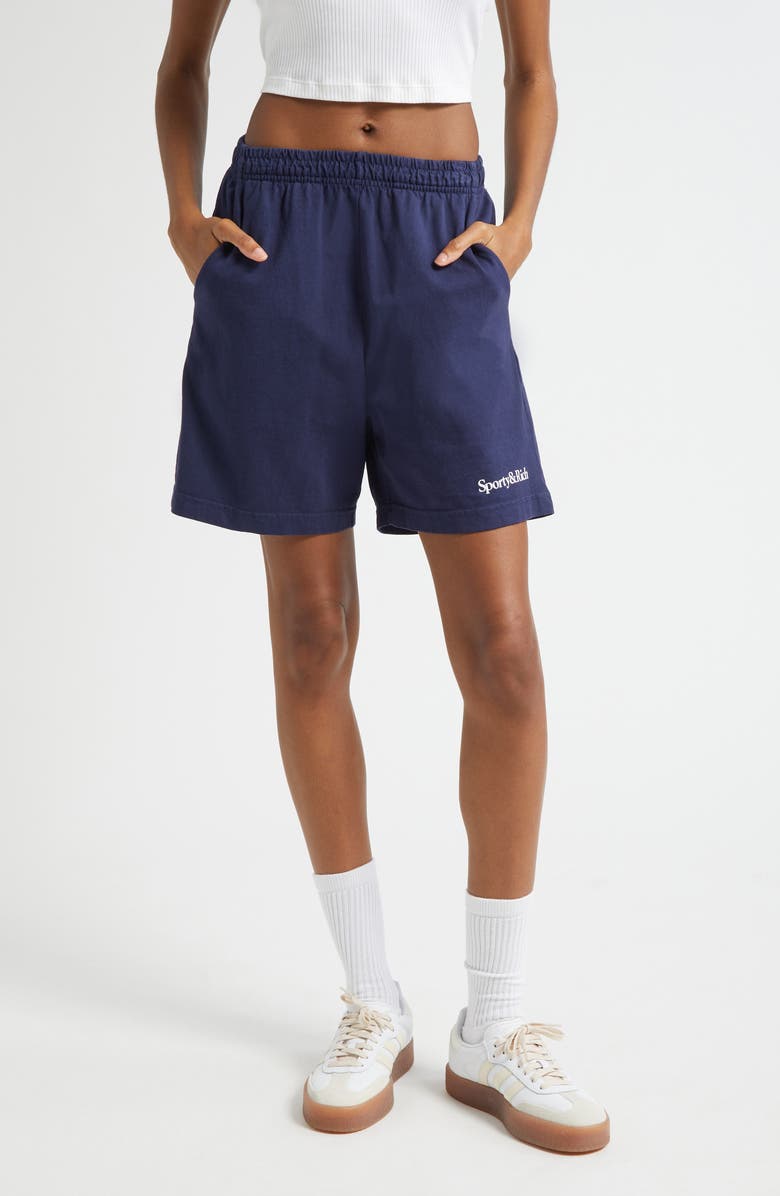 Sporty & Rich Serif Logo Graphic Gym Shorts, Main, color, Dark Navy