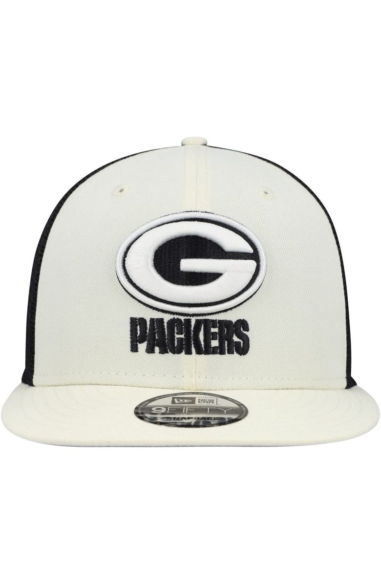 New Era Men's New Era Cream/Black Green Bay Packers Chrome Collection 9FIFTY Trucker Snapback Hat, Alternate, color,