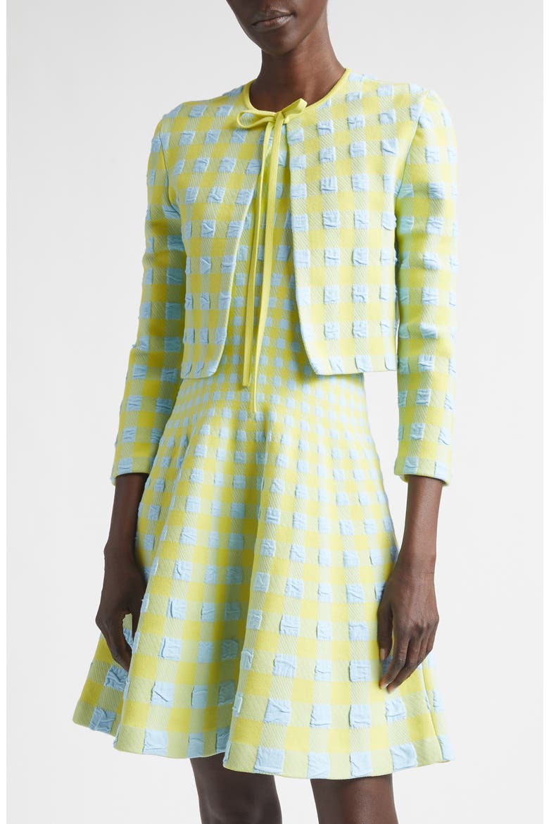 Crop Gingham Jacquard Cardigan, Main, color, CERULEAN/ PEAR