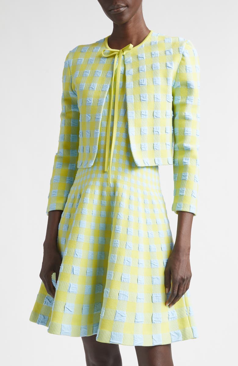 Oscar de la Renta Crop Gingham Jacquard Cardigan, Main, color,