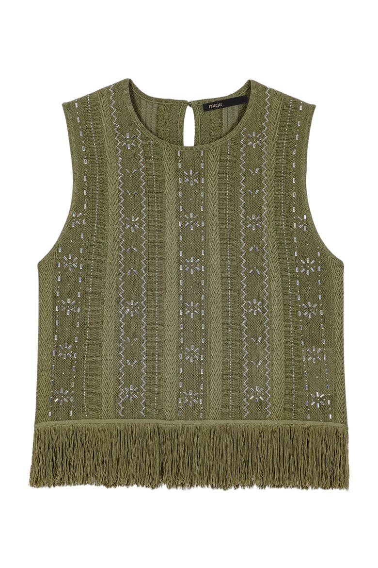 Fringed rhinestone flower top, Alternate, color, Khaki