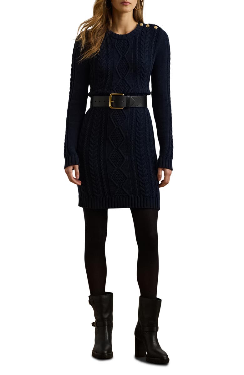 Lauren Ralph Lauren Cable Stitch Button Shoulder Long Sleeve Sweater Dress, Main, color, 