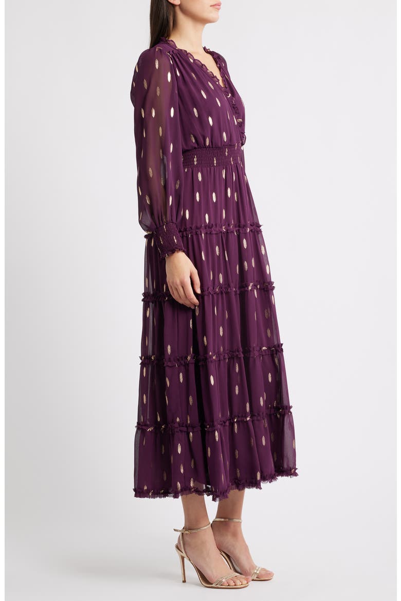 Metallic Fleck Long Sleeve Tiered Dress, Alternate, color, MERLOT