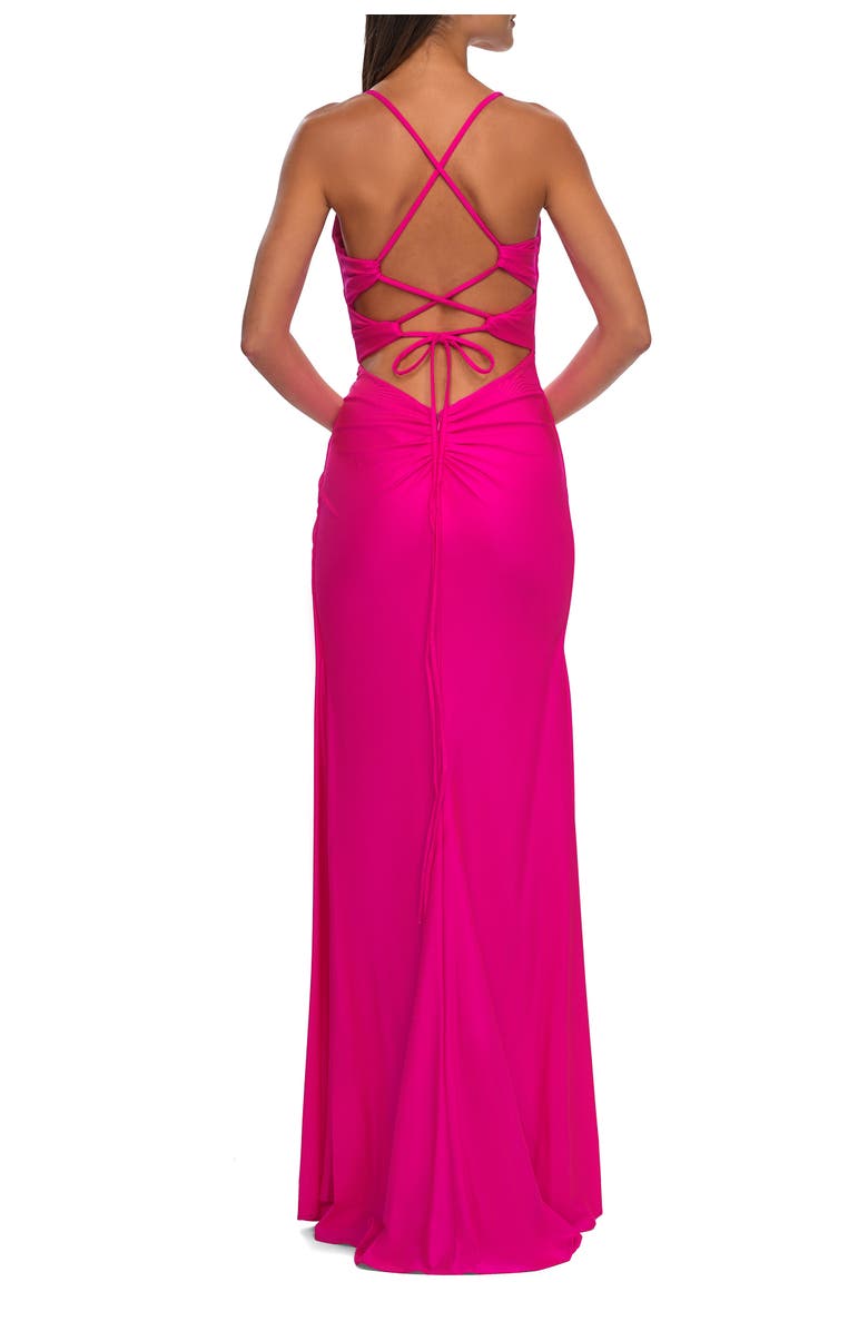 La Femme Jersey Long Prom Dress with Trendy Waist Cutouts in Neon, Alternate, color, Neon Pink