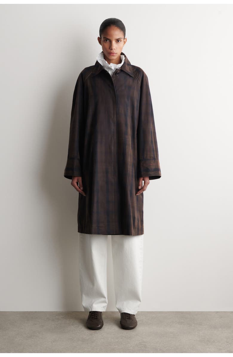 COS Checked Waxed-Cotton Car Coat, Main, color, Khaki / Checked