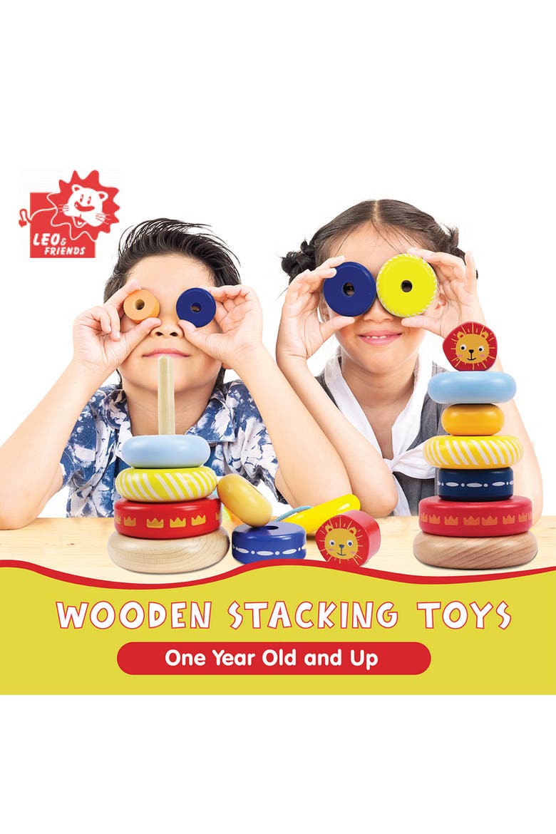 Leo Stacking Toddler Ring Tower - 7-Piece Blue Wooden Stacker Puzzle, Alternate, color, Yellow