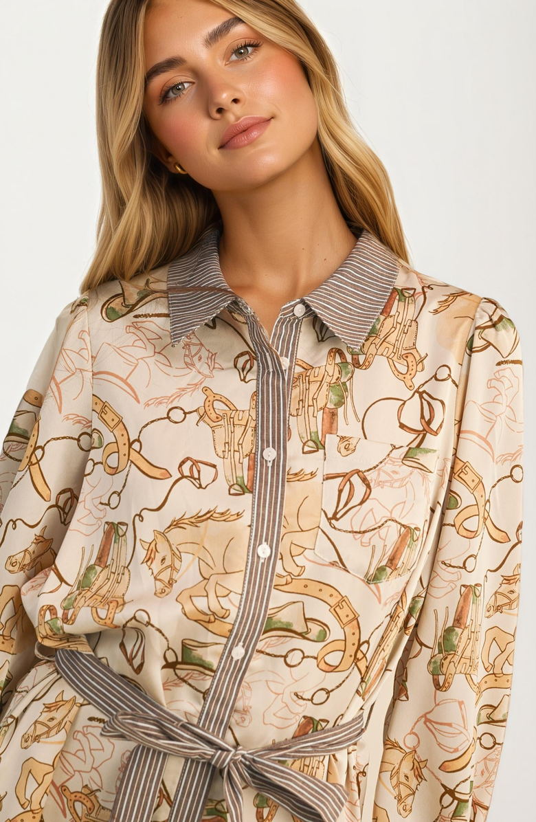 Knit and Lounge Long Sleeve Printed Belted Button Front Shirt Dress, Alternate, color, 