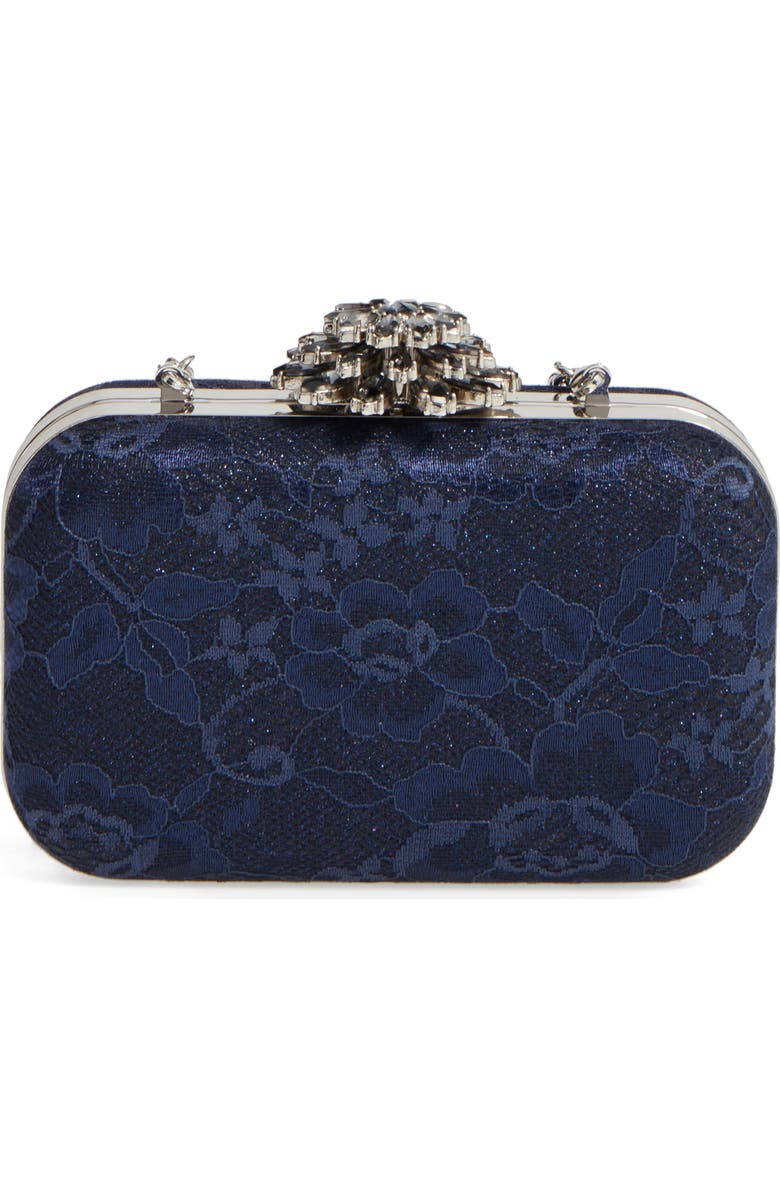 Glint Crystal Flower Clasp Lace Minaudière, Main, color,