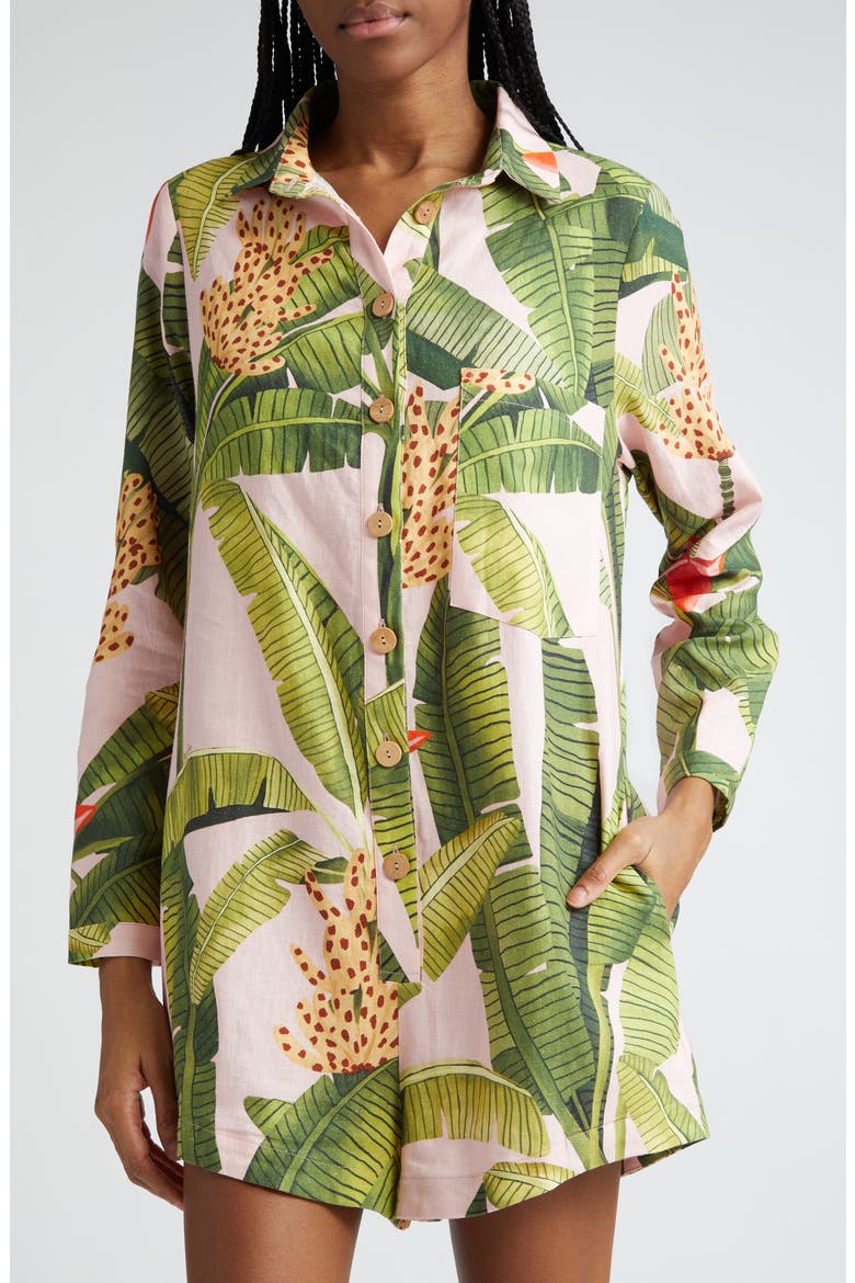 Banana Leaves Linen Blend Romper, Alternate, color, BANANA LEAVES PINK