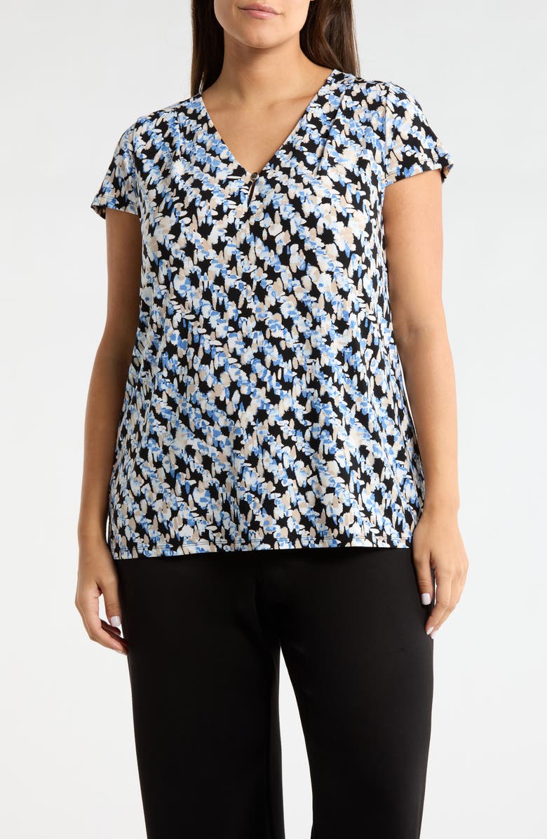 AK ANNE KLEIN Print Cap Sleeve Top, Main, color, Blue Yonder Mlt