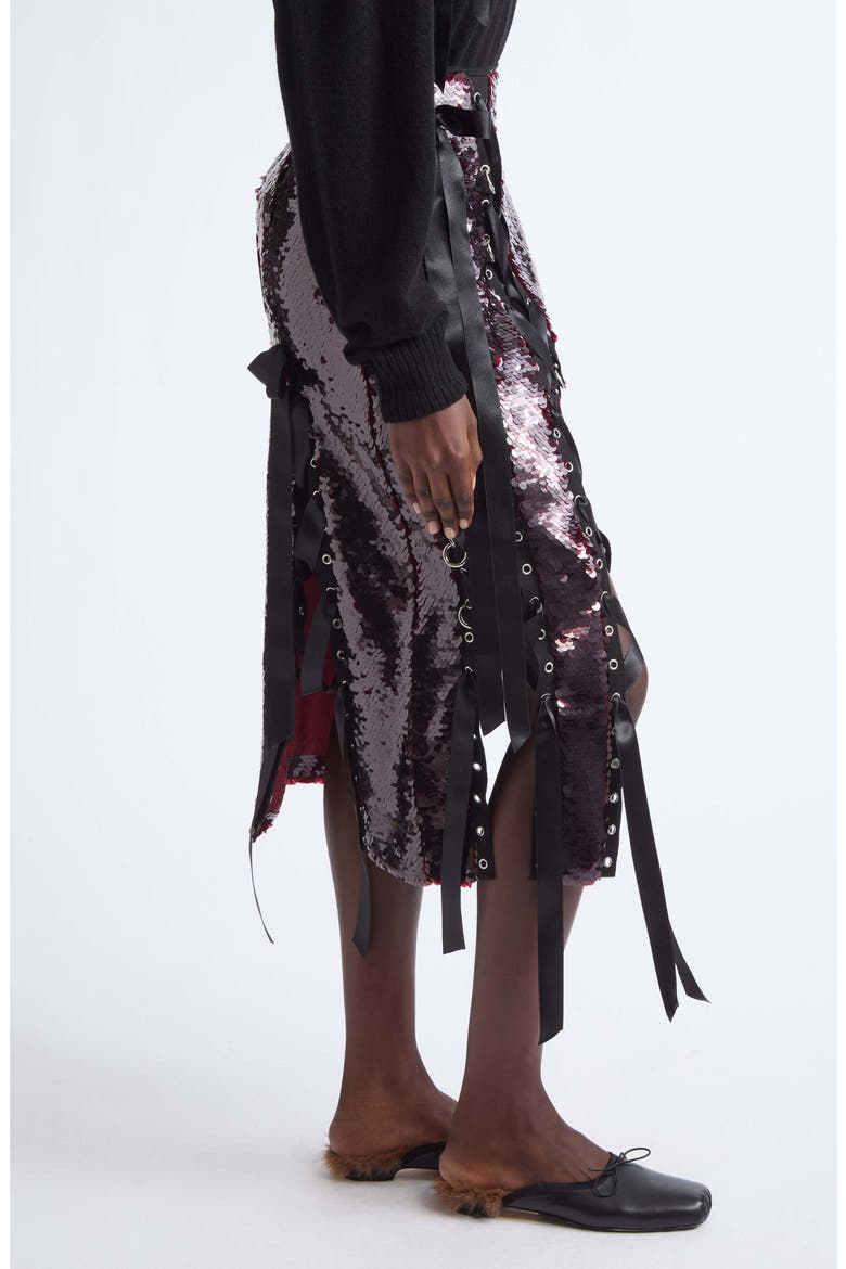 Unraveling Ribbon Ring Sequin Midi Skirt, Alternate, color, DEEP RED
