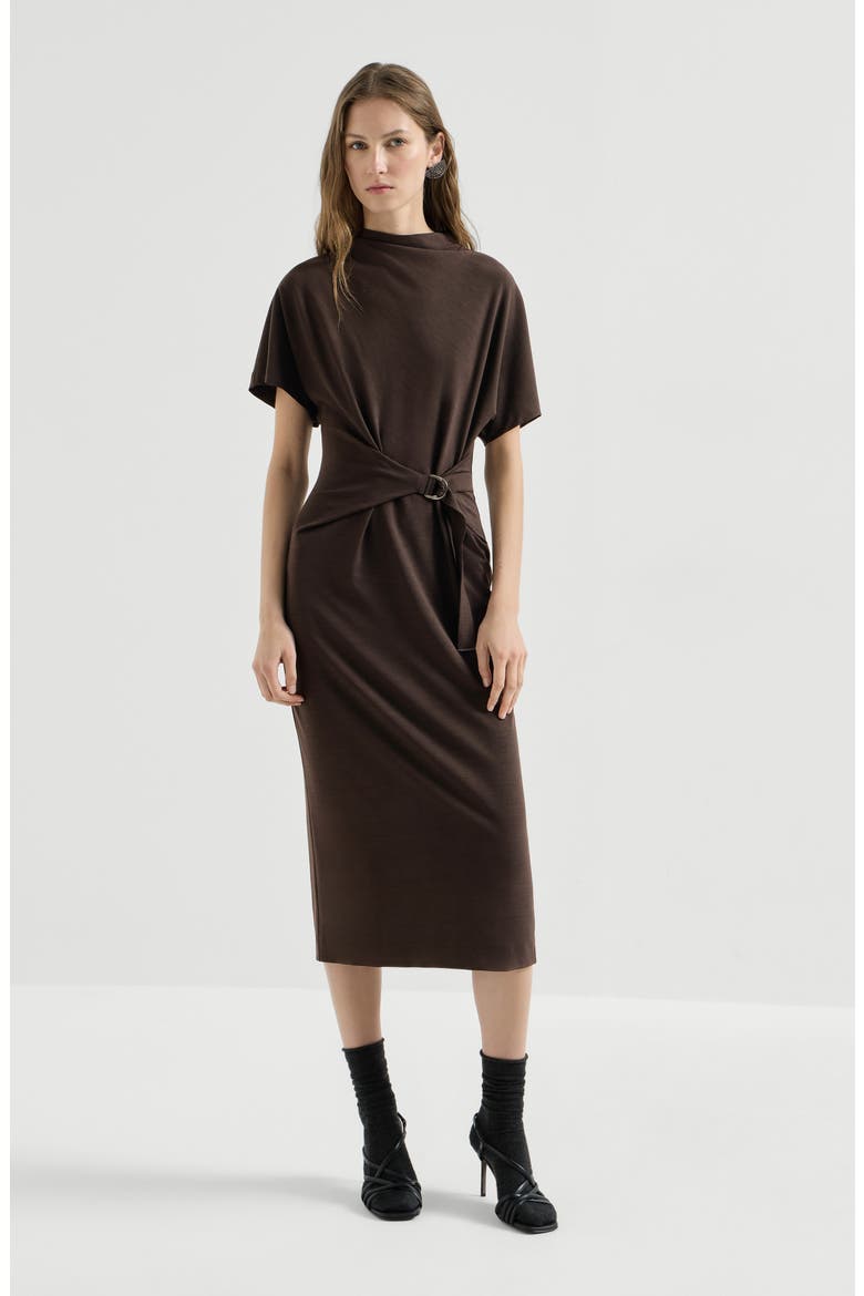 Techno wool jersey wrap belt dress with monili, Main, color, Coffee