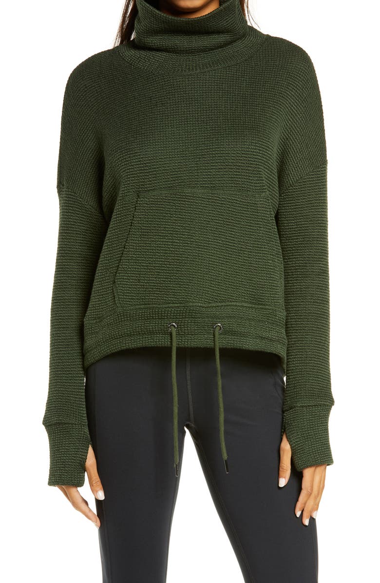 Sweaty Betty Bouclé Funnel Neck Sweatshirt, Main, color, Olive Green