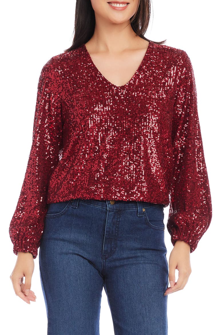 Sequin V-Neck Top, Main, color, RUBY