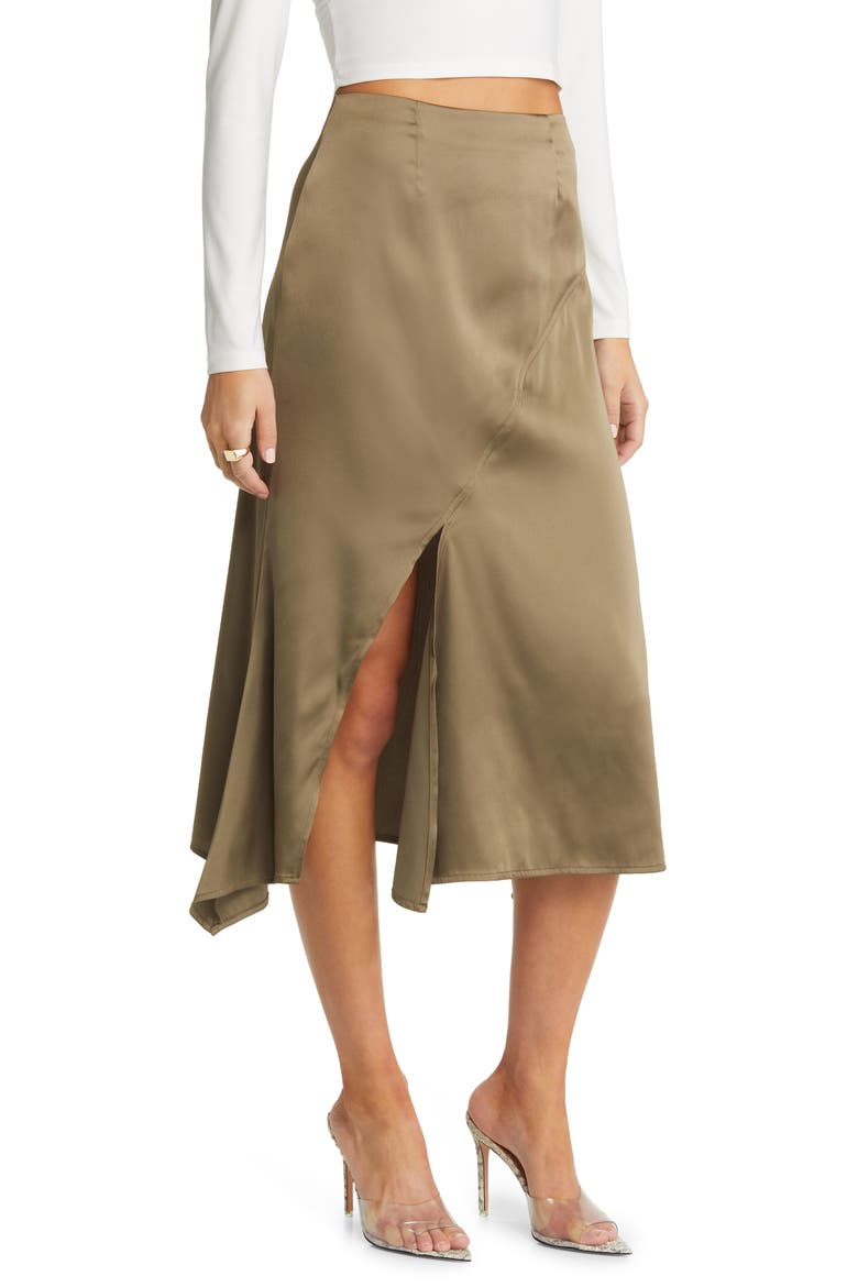 Asymmetric Satin Midi Skirt, Main, color, OLIVE DUSK