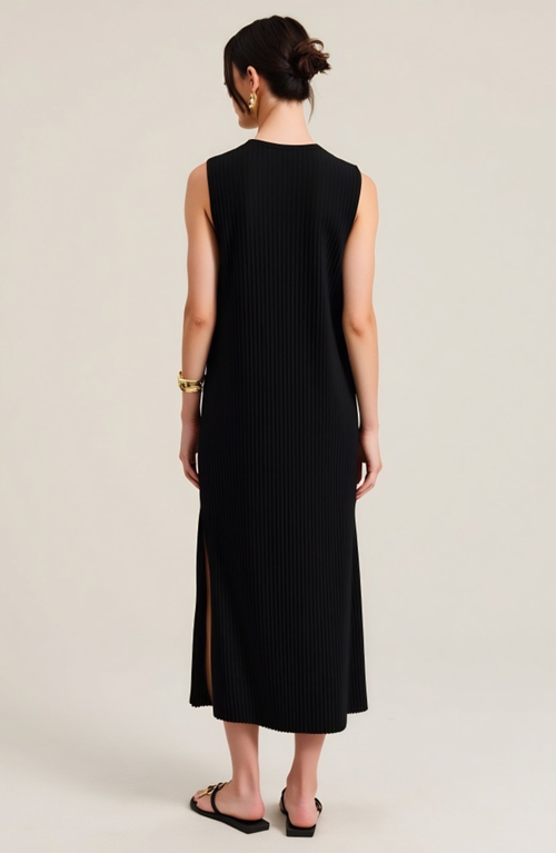 Modenaire Sleeveless Ribbed Knit Midi Dress With Side Slit And Crew Neckline In Black
