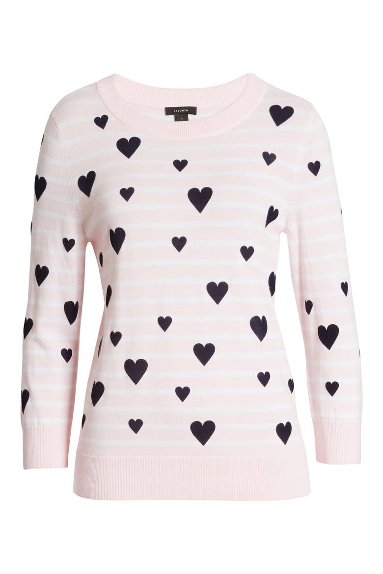 x Atlantic-Pacific Heart Flocked Stripe Sweater, Main, color, PINK- WHITE STRIPE HEARTS