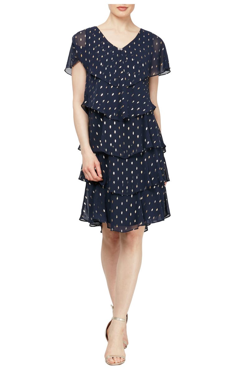 SL FASHIONS Cape Top Metallic Printed Tiered Dress, Main, color, Navy Gold