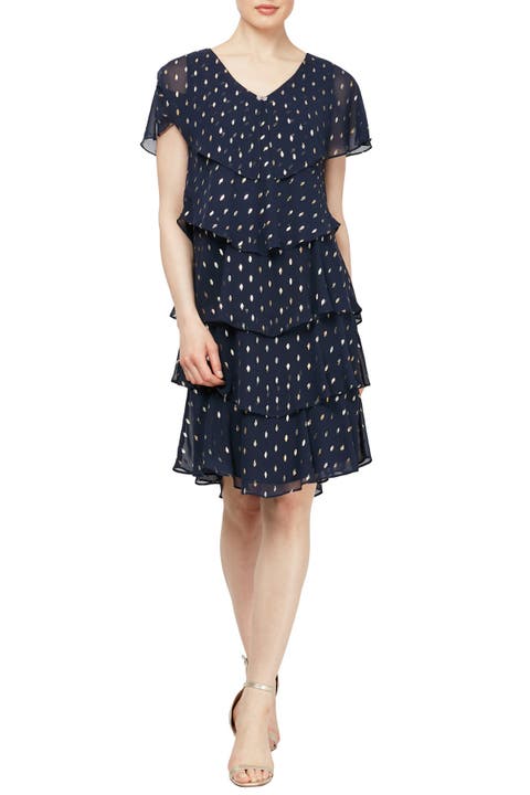 Cape Top Metallic Printed Tiered Dress (Petite)