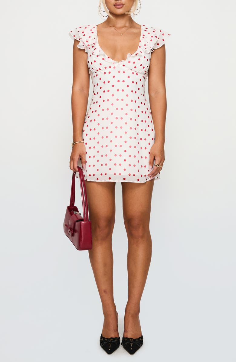 Princess Polly I Guess So Polka Dot Minidress, Main, color, White / Burgundy