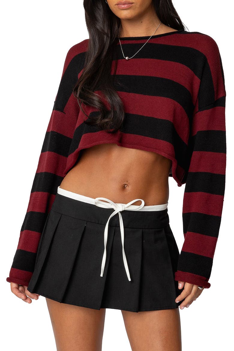 Shyrah Stripe Oversize Knit Crop Top, Main, color, BURGUNDY-AND-BLACK