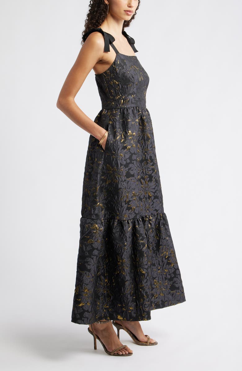 Chelsea28 Tiered Floral Brocade Tie Strap Maxi Dress, Alternate, color, Black Multi Floral Brocade