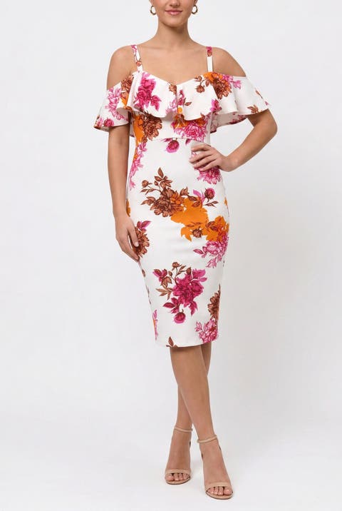 Marcella Printed Off the Shoulder Ruffle Midi Dress