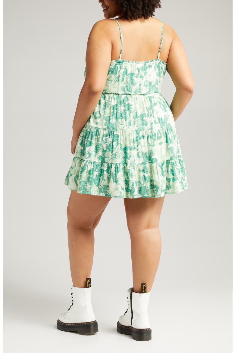 Floral Tiered Babydoll Minidress, Alternate, color, GREEN SUNBURST HIBISCUS