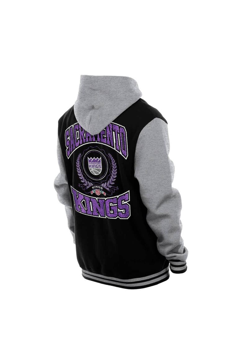 Men's New Era  Black Sacramento Kings Throwback Prep Chenille Full-Snap Hooded Varsity Jacket, Alternate, color, Black