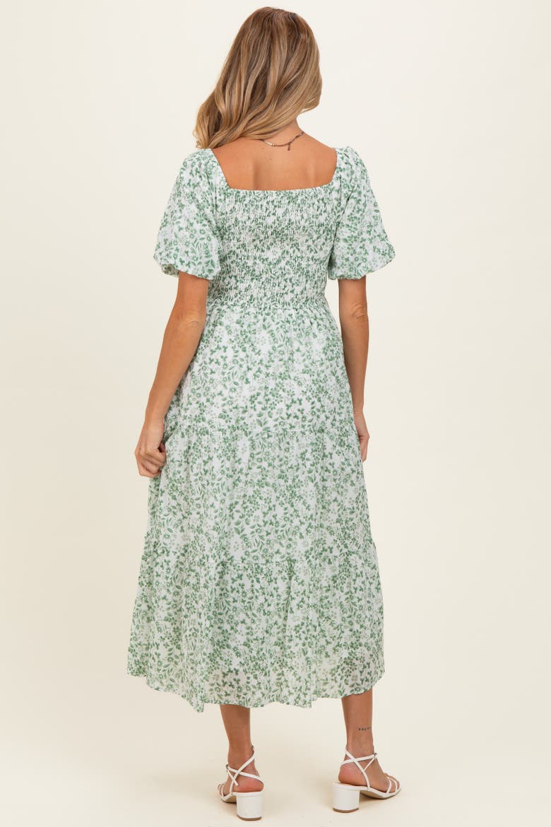Floral Smocked Short Sleeve Midi Dress, Alternate, color, Green