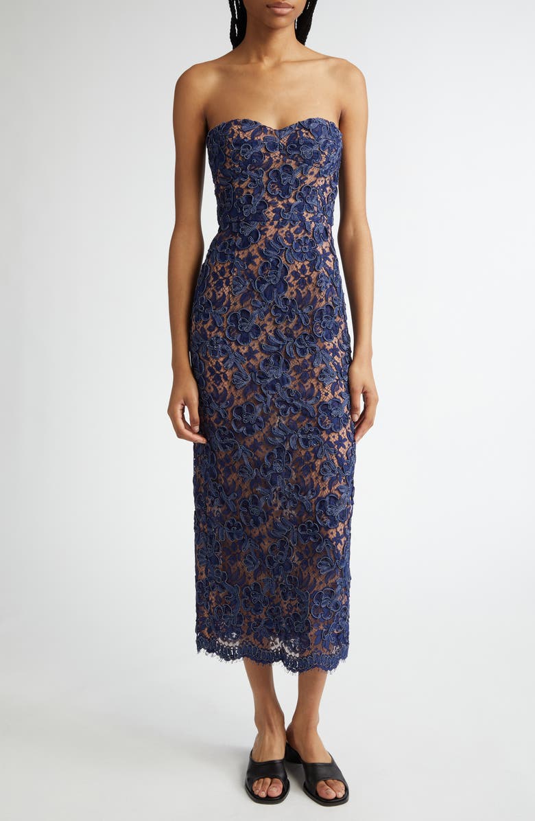 Michael Kors Collection Strapless Lace Sheath Dress, Main, color, Indigo