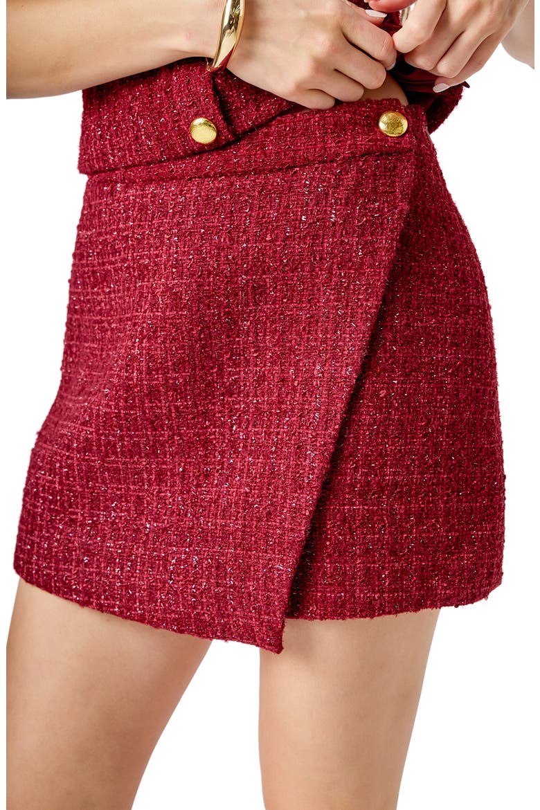 Tweed Faux Wrap Miniskirt, Alternate, color, MERLOT
