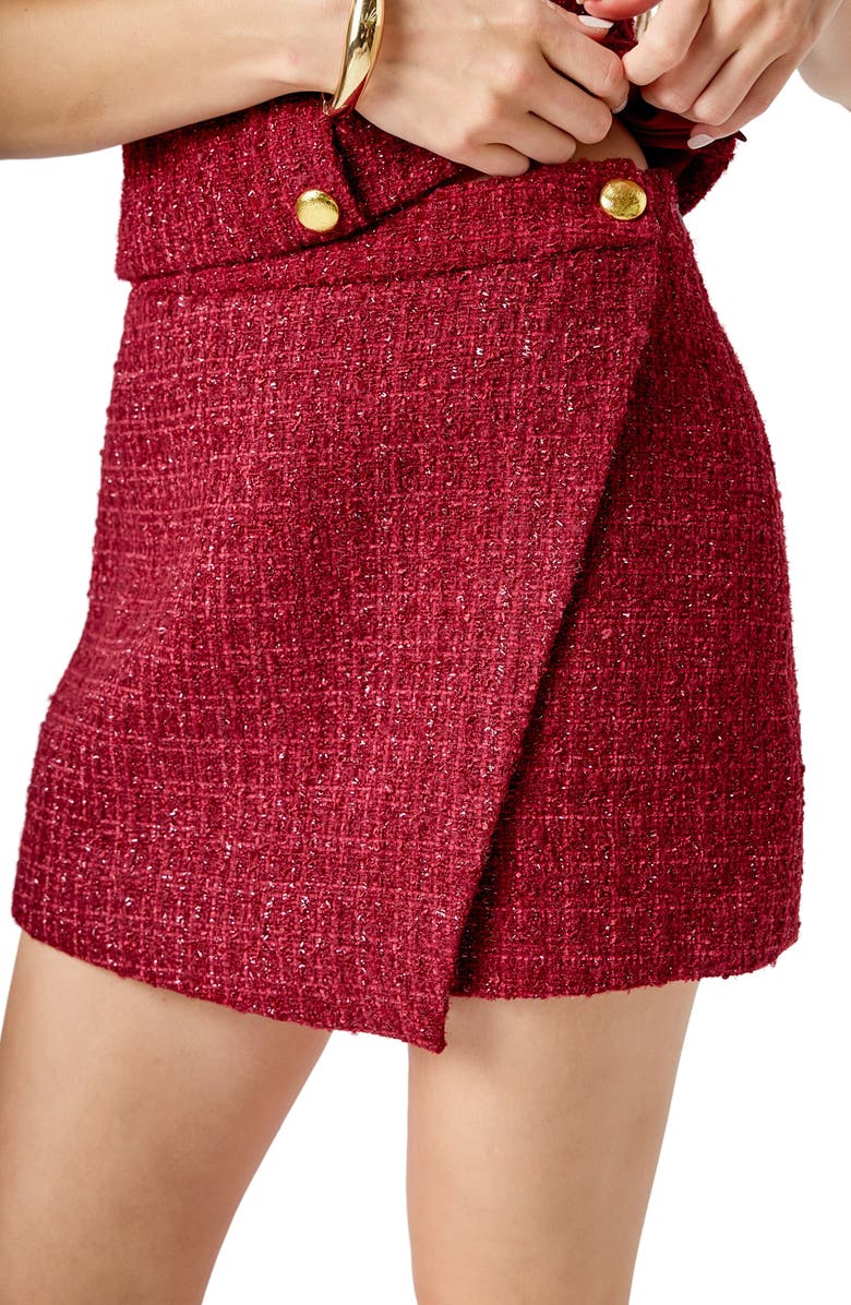 Endless Rose Tweed Faux Wrap Miniskirt, Alternate, color, Merlot