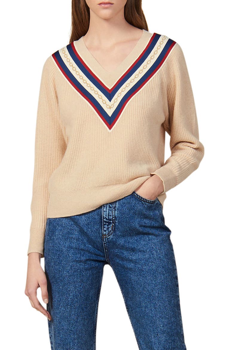 Chains V-Neck Sweater, Main, color, BEIGE
