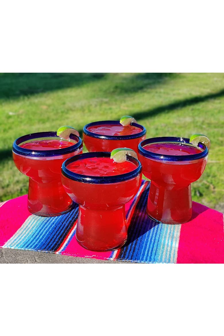 Hand Blown Stemless Margarita Glasses - Set of 4, Alternate, color, Cobalt Rim