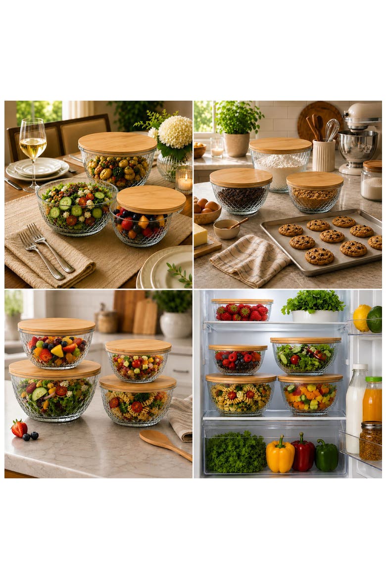 4-Piece Diamond Textured Mixing Bowl Set with Bamboo Lids, Alternate, color, NO COLOR