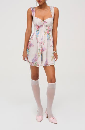 For Love & Lemons August Floral Chiffon Minidress In White