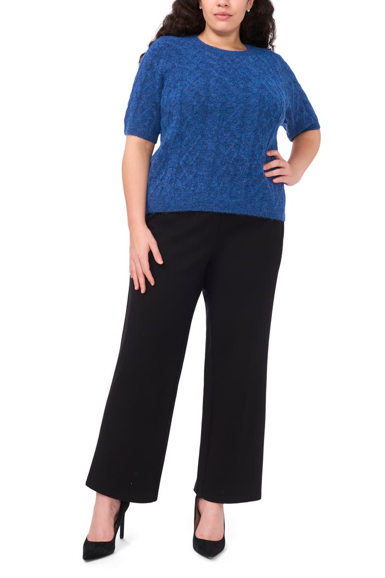Fuzzy Cable Stitch Short Sleeve Crewneck Sweater, Alternate, color, MOUNTAIN BLUE